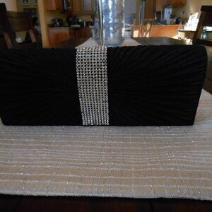 BLACK SATIN PLEATED FRONT EMBELLISHED EVENING BAG
